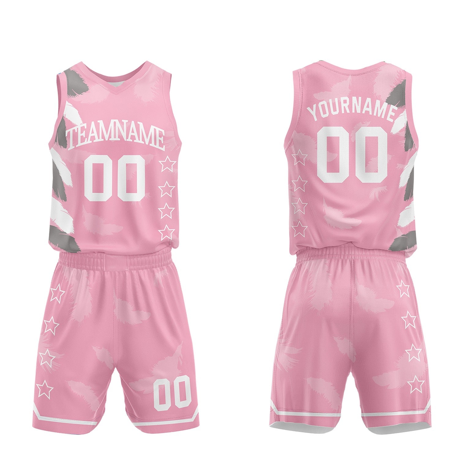 ustom girls basketball uniform sets, light pink feather sublimated jersey and shorts with personalized team name, player number and logo, breathable quick dry mesh for girls games.