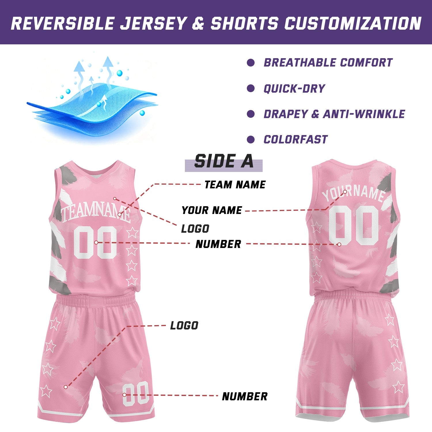 Custom Basketball Jerseys and Shorts Set | Light Pink Feather V-Neck Sublimated Team Uniform