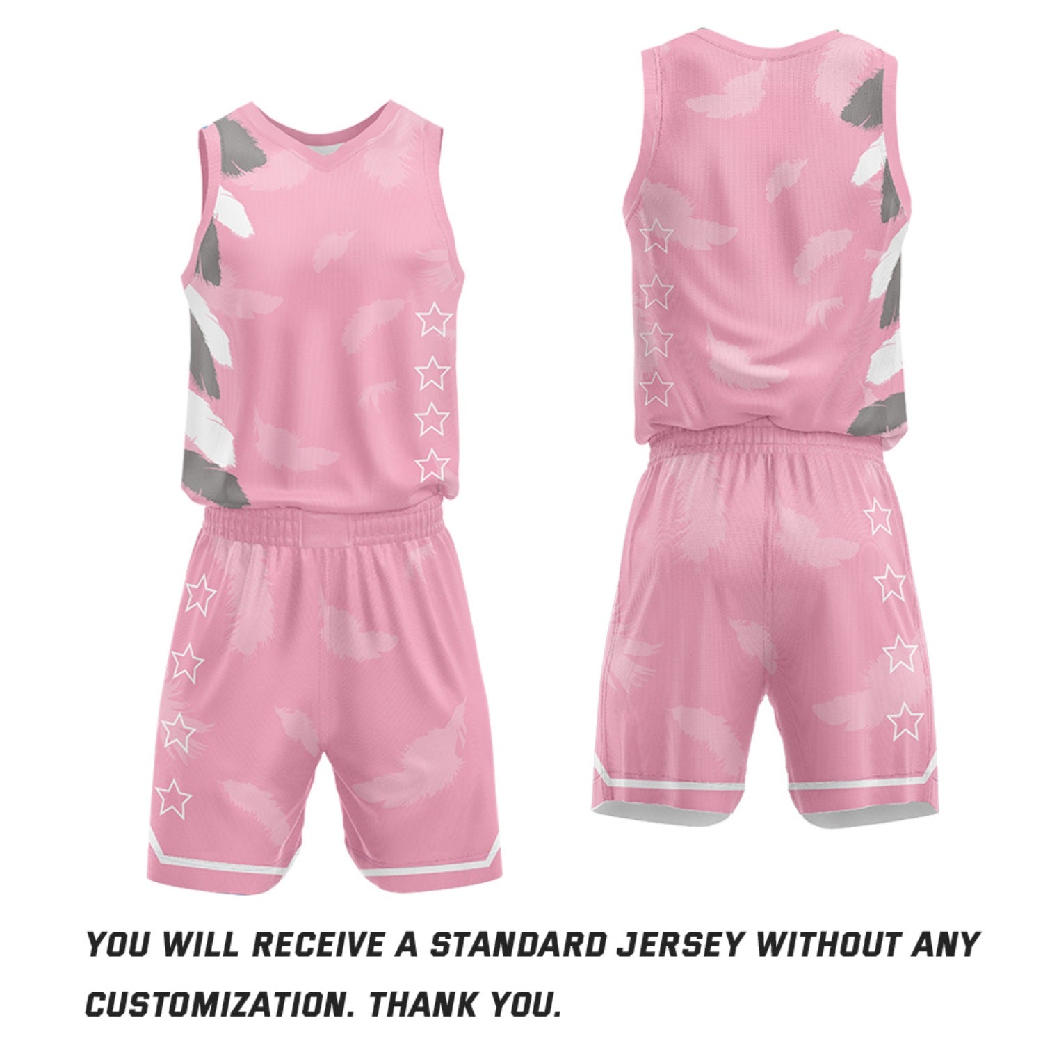 ustom girls basketball uniform sets, light pink feather sublimated jersey and shorts with personalized team name, player number and logo, breathable quick dry mesh for girls games.