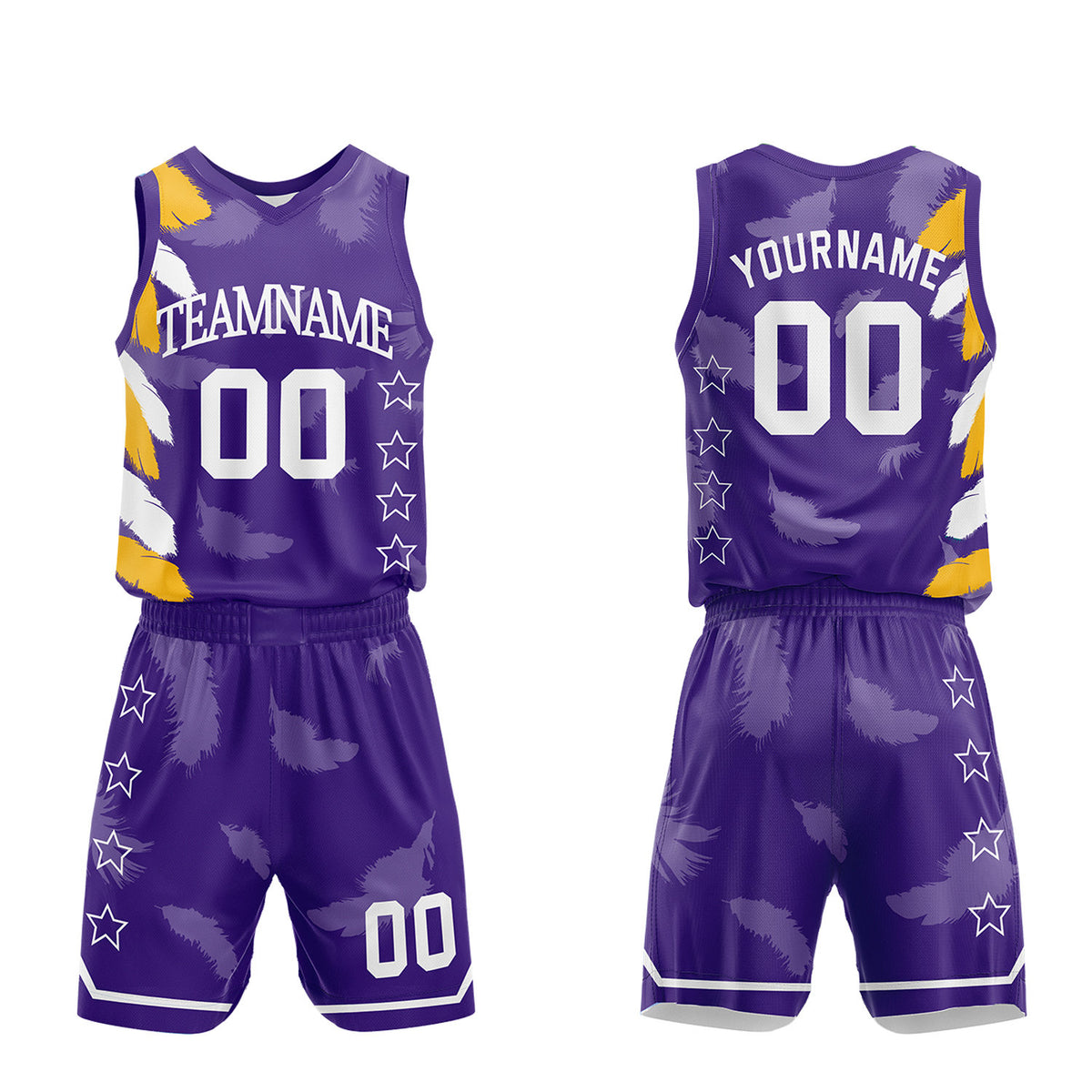 Custom girls basketball uniform sets, purple gold feather sublimated jersey and shorts with personalized team name, player number and logo, breathable quick dry mesh for girls games.