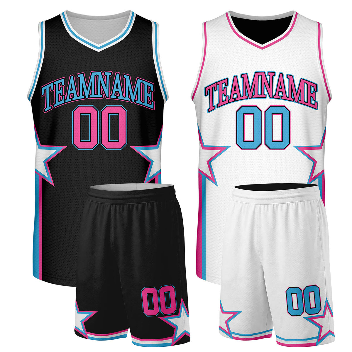 Shop custom girls basketball uniforms from Vosoli. Black white reversible design with personalized team name, numbers and logo. Fast shipping for youth and adult.