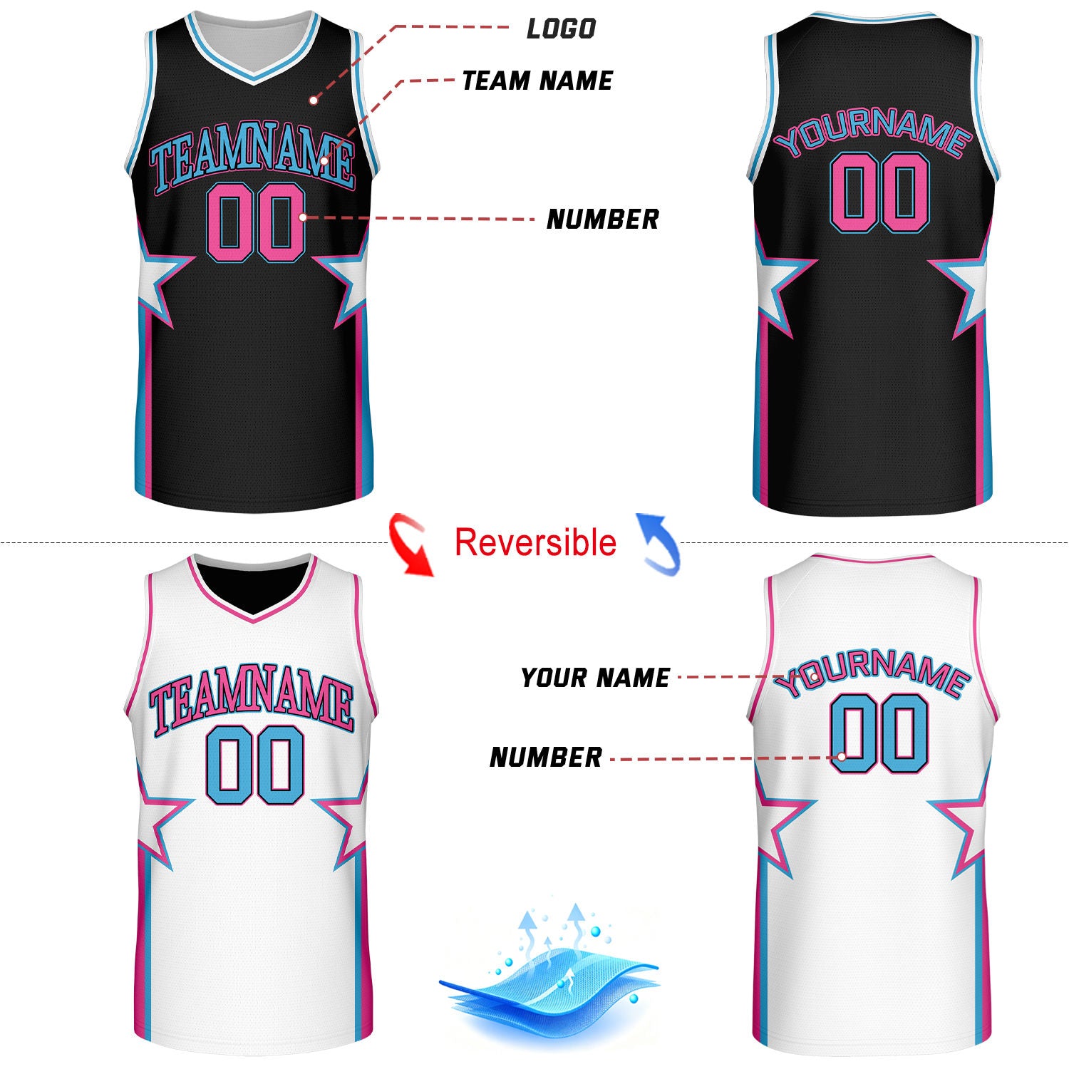 Custom Black & White Star Reversible Basketball Uniform Set | Breathable Mesh Jersey & Shorts