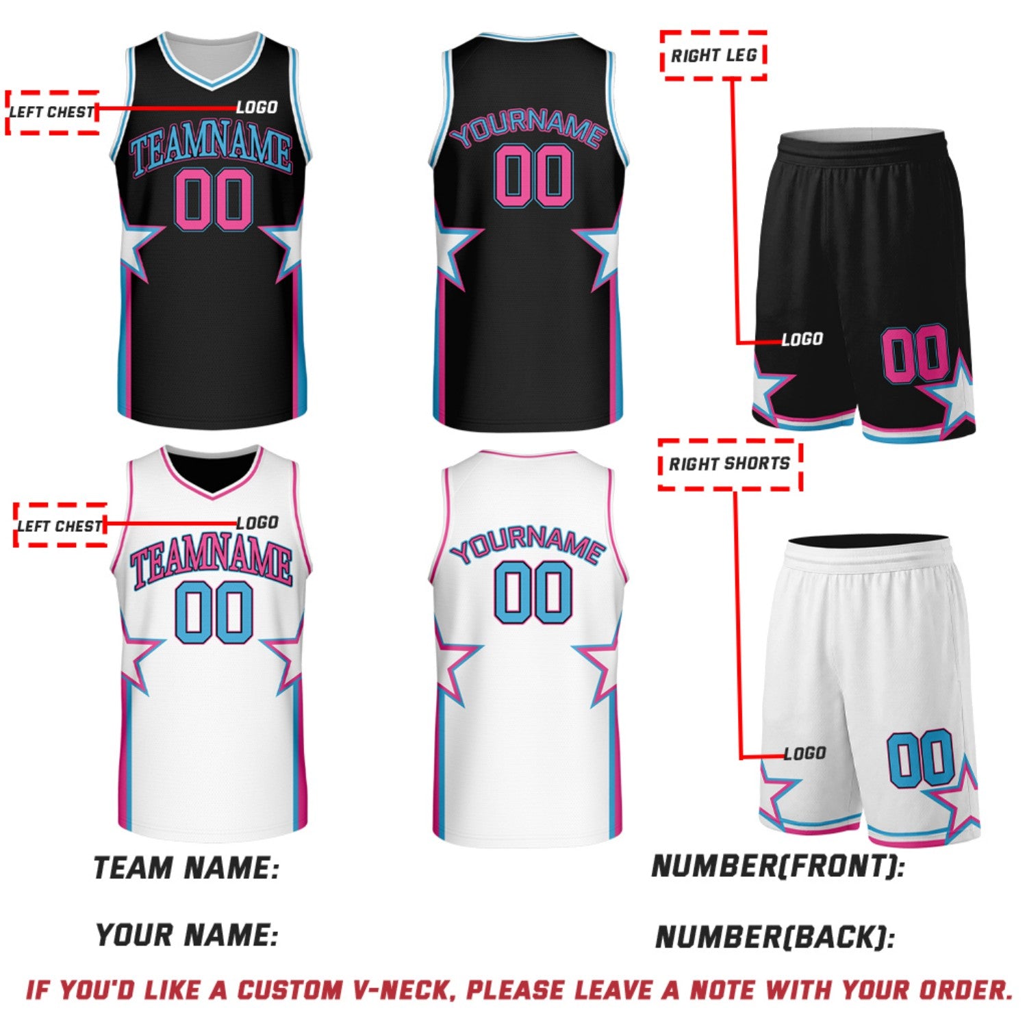 Custom Black & White Star Reversible Basketball Uniform Set | Breathable Mesh Jersey & Shorts