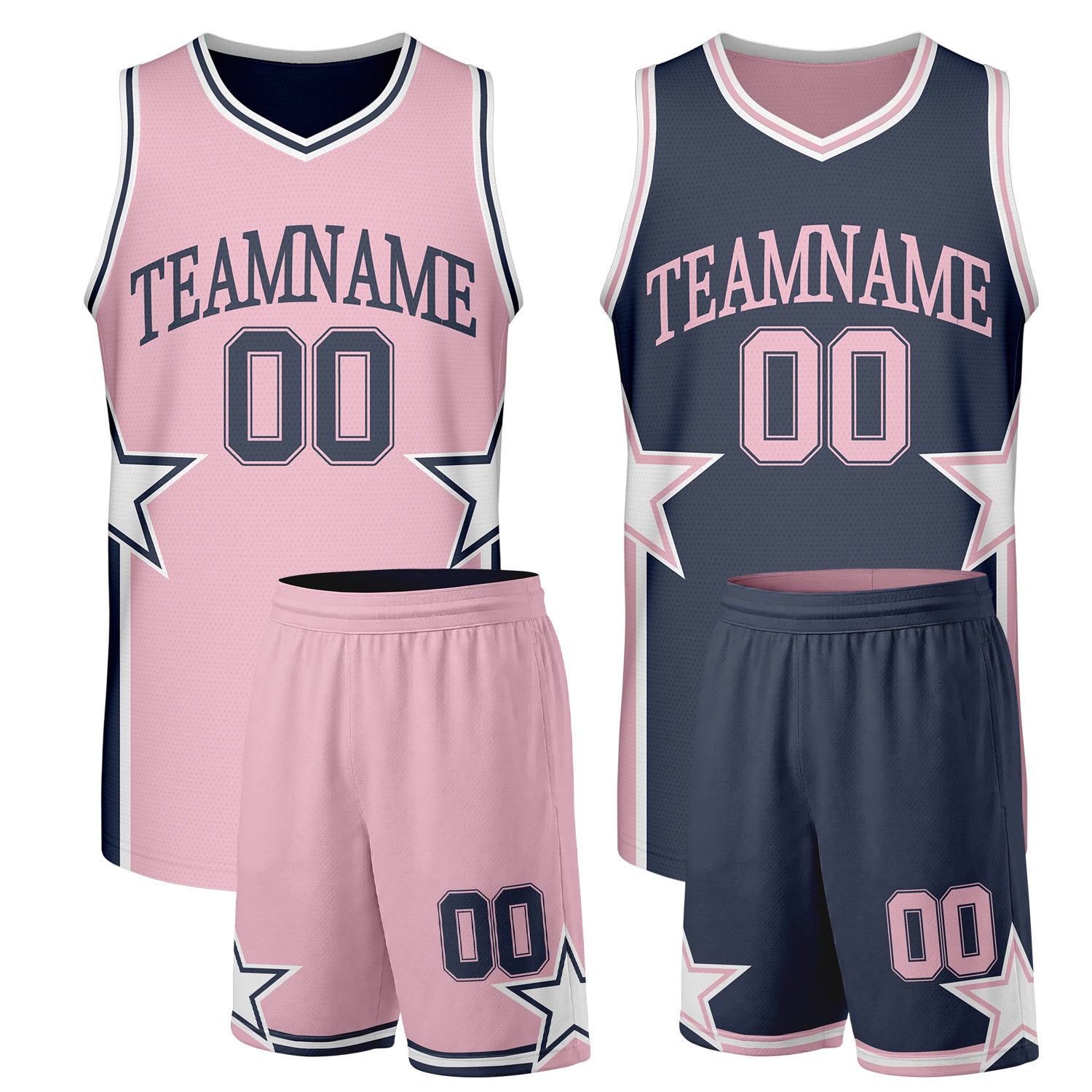Custom girls basketball uniforms light pink navy reversible by Vosoli. Personalized team name, player number & logo. Breathable mesh. Fast delivery.