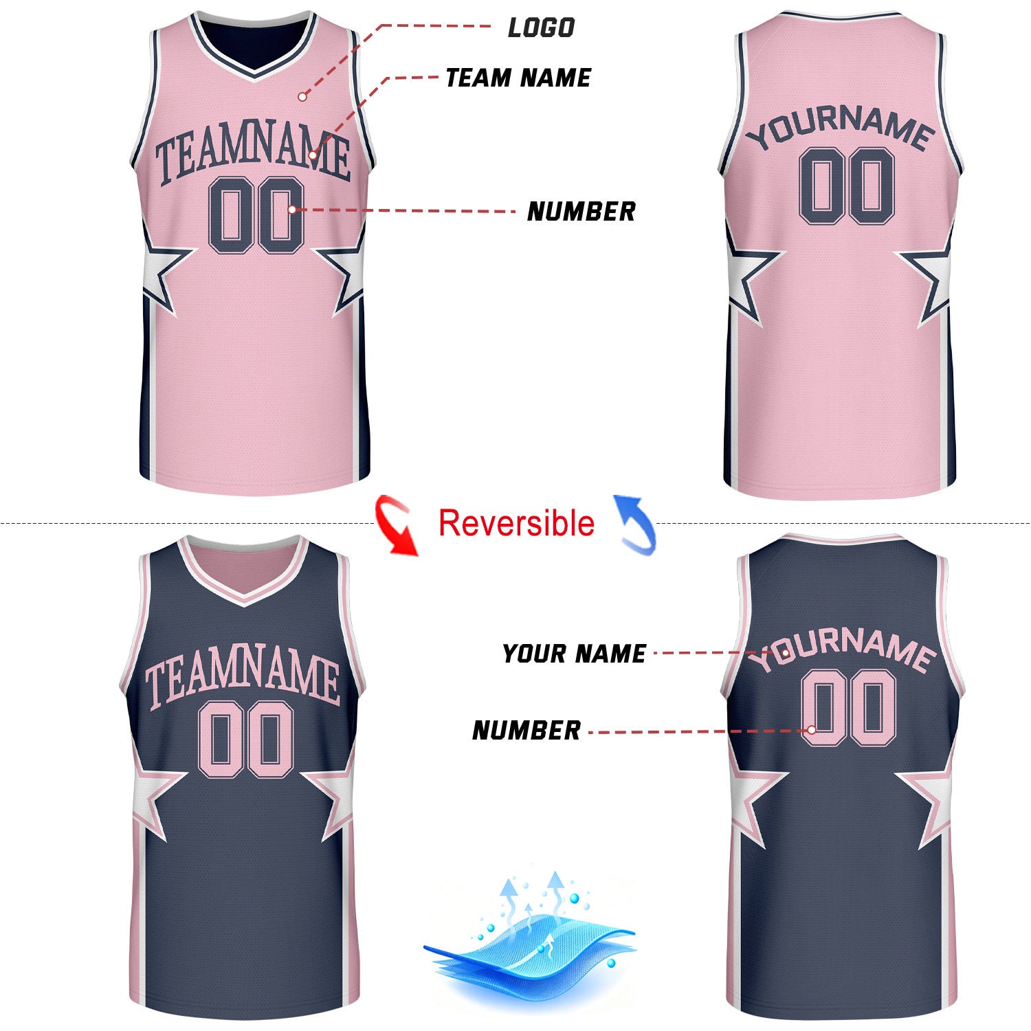 Custom Light Pink & Navy Star Reversible Basketball Uniform Set | Breathable Mesh Jersey & Shorts