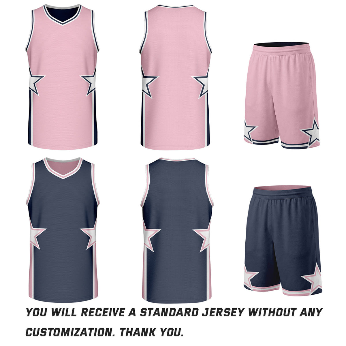 Custom Light Pink & Navy Star Reversible Basketball Uniform Set | Breathable Mesh Jersey & Shorts