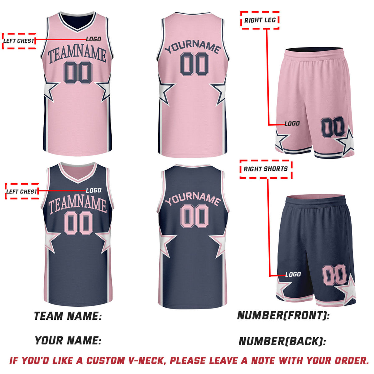 Custom Light Pink & Navy Star Reversible Basketball Uniform Set | Breathable Mesh Jersey & Shorts