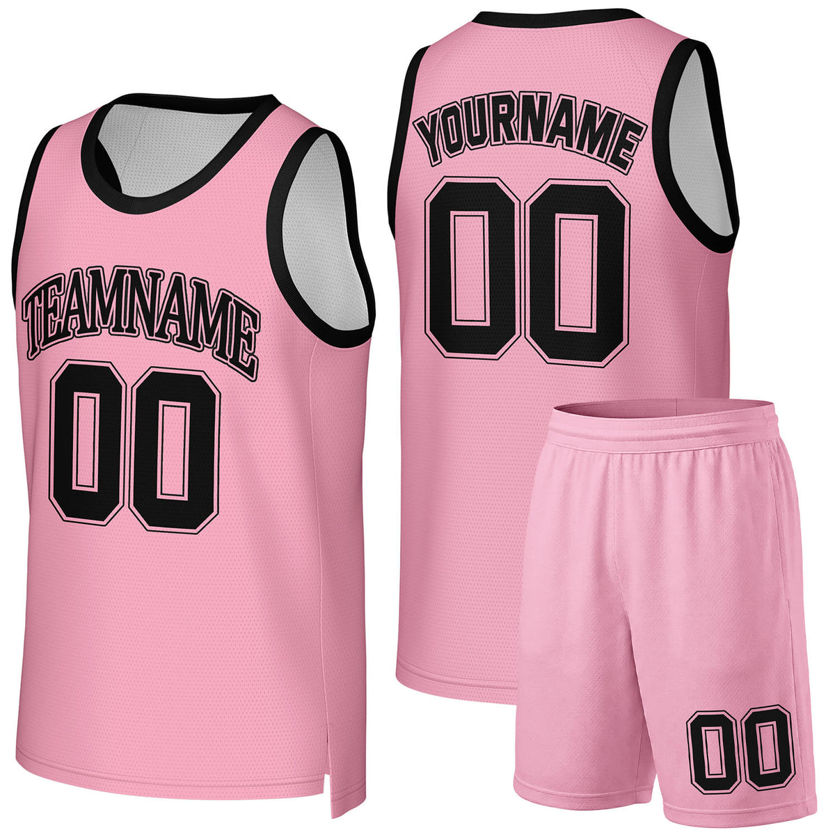 Custom girls basketball uniforms pink‑black by Vosoli, personalized team name, number & logo, quick‑dry mesh fabric for girls game‑ready basketball team outfits