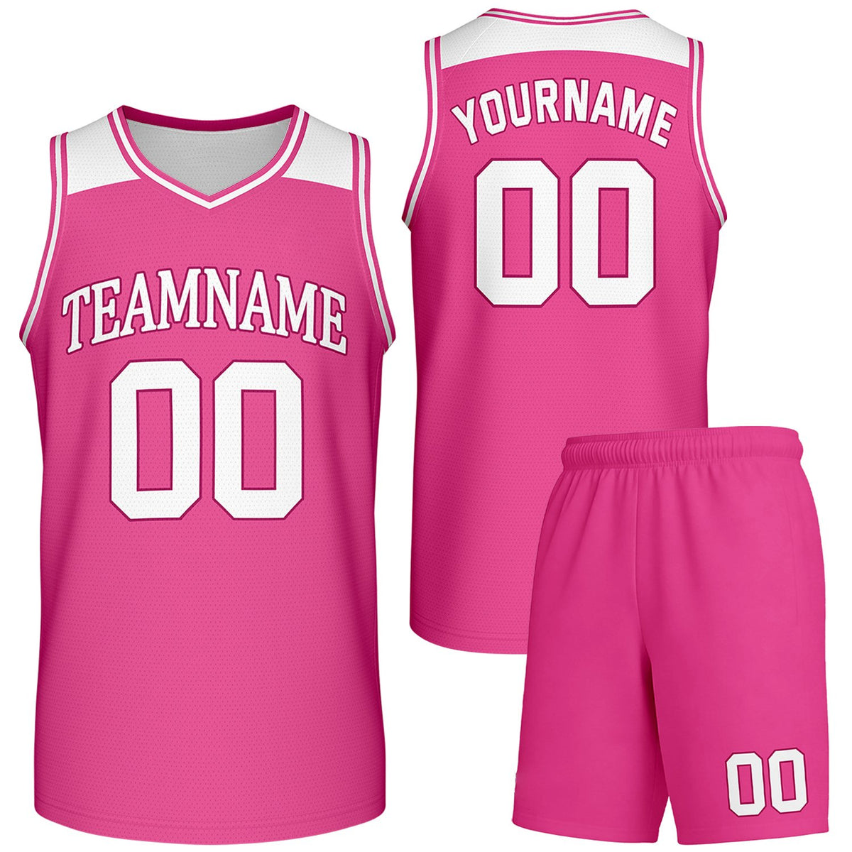 Custom girls basketball uniforms pink‑white by Vosoli, personalized team name, number & logo, breathable mesh fabric for youth female ballers and team match‑ready sportswear