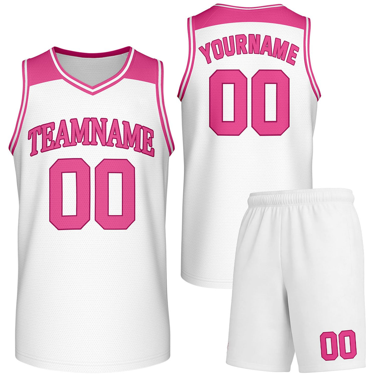 Custom girls basketball uniforms white‑pink by Vosoli, personalized team name, number & logo, breathable mesh fabric for youth female ballers and team match‑ready sportswear