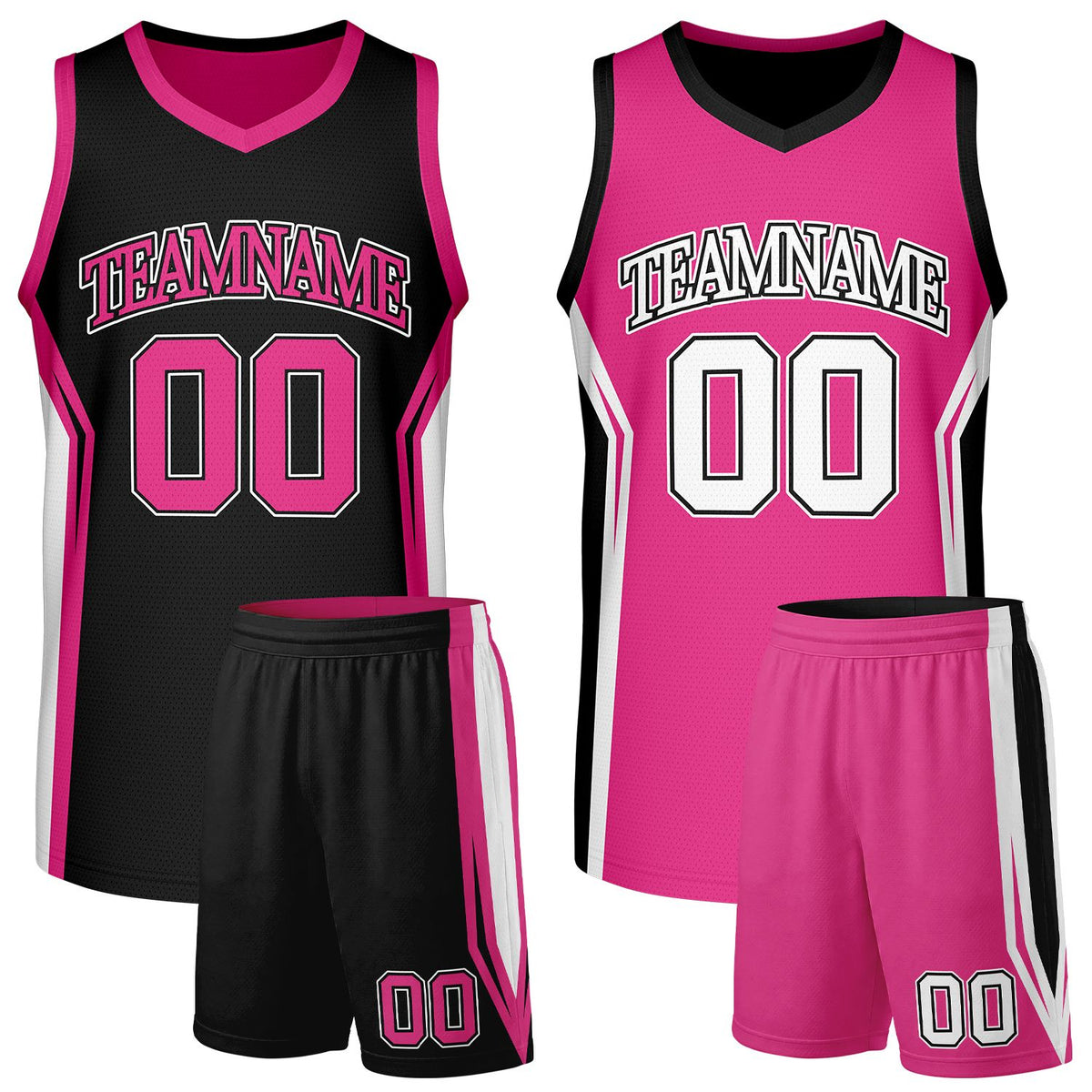 Custom black and hot pink girls basketball jerseys set, reversible jersey and shorts set with personalized name &amp; number, breathable mesh for adult &amp; youth.