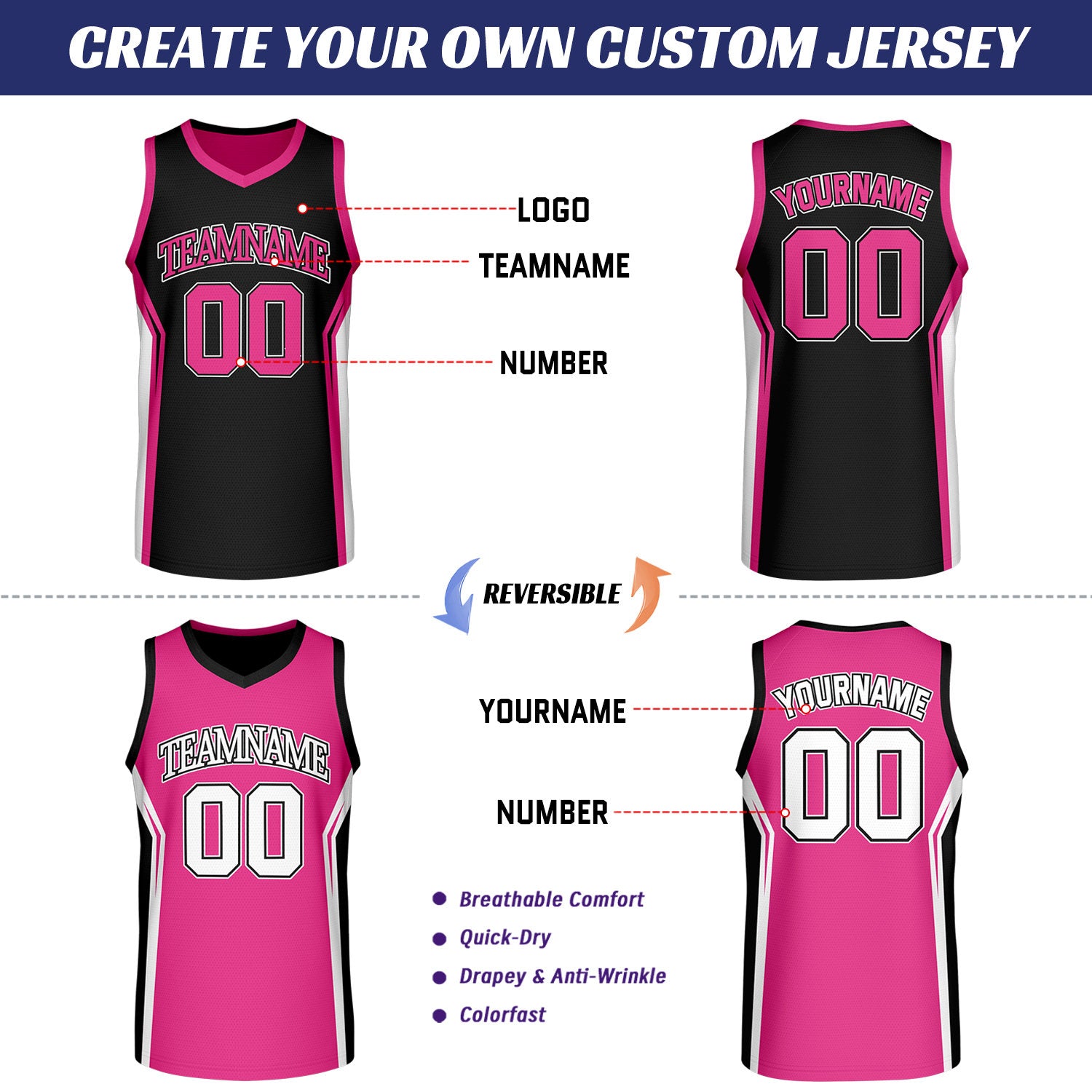 Custom Black & Hot Pink Two Sided Basketball Uniform Set | Personalized Team Uniforms for Adult & Youth