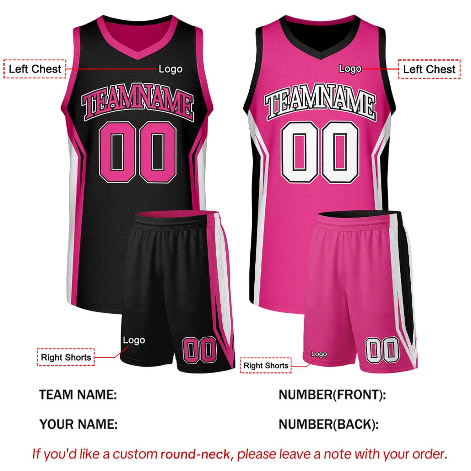 Custom Black & Hot Pink Two Sided Basketball Uniform Set | Personalized Team Uniforms for Adult & Youth