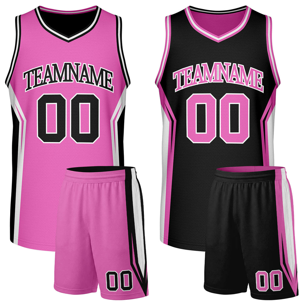 Custom hot pink and black girls basketball team uniforms, reversible jersey and shorts set with personalized name & number, breathable mesh for adult & youth.