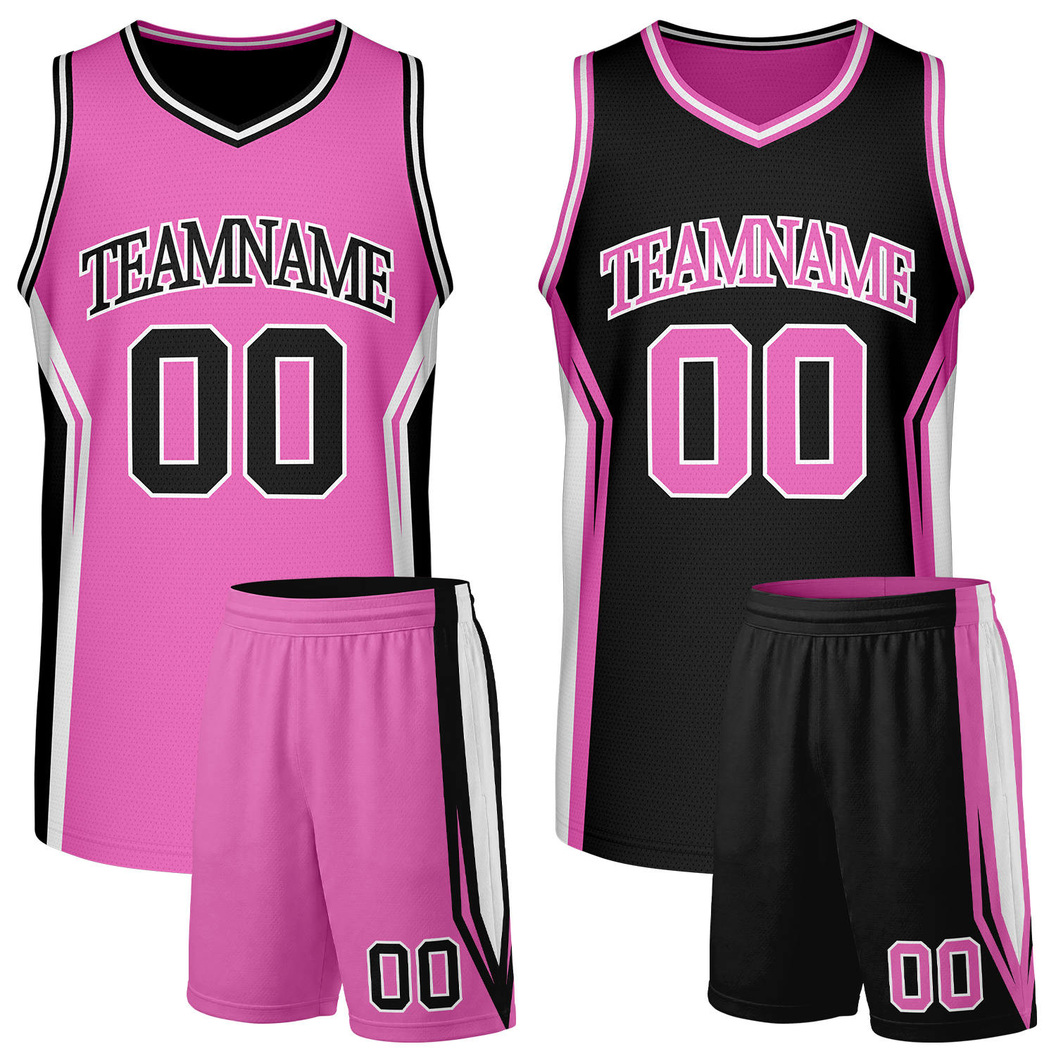 Custom hot pink and black girls basketball team uniforms, reversible jersey and shorts set with personalized name & number, breathable mesh for adult & youth.