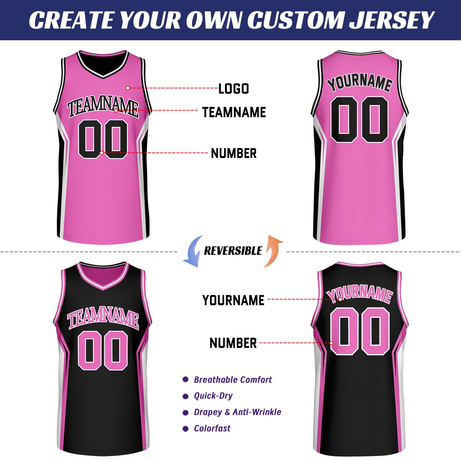 Custom Hot Pink & Black Two Sided Basketball Uniform Set | Personalized Team Uniforms for Adult & Youth