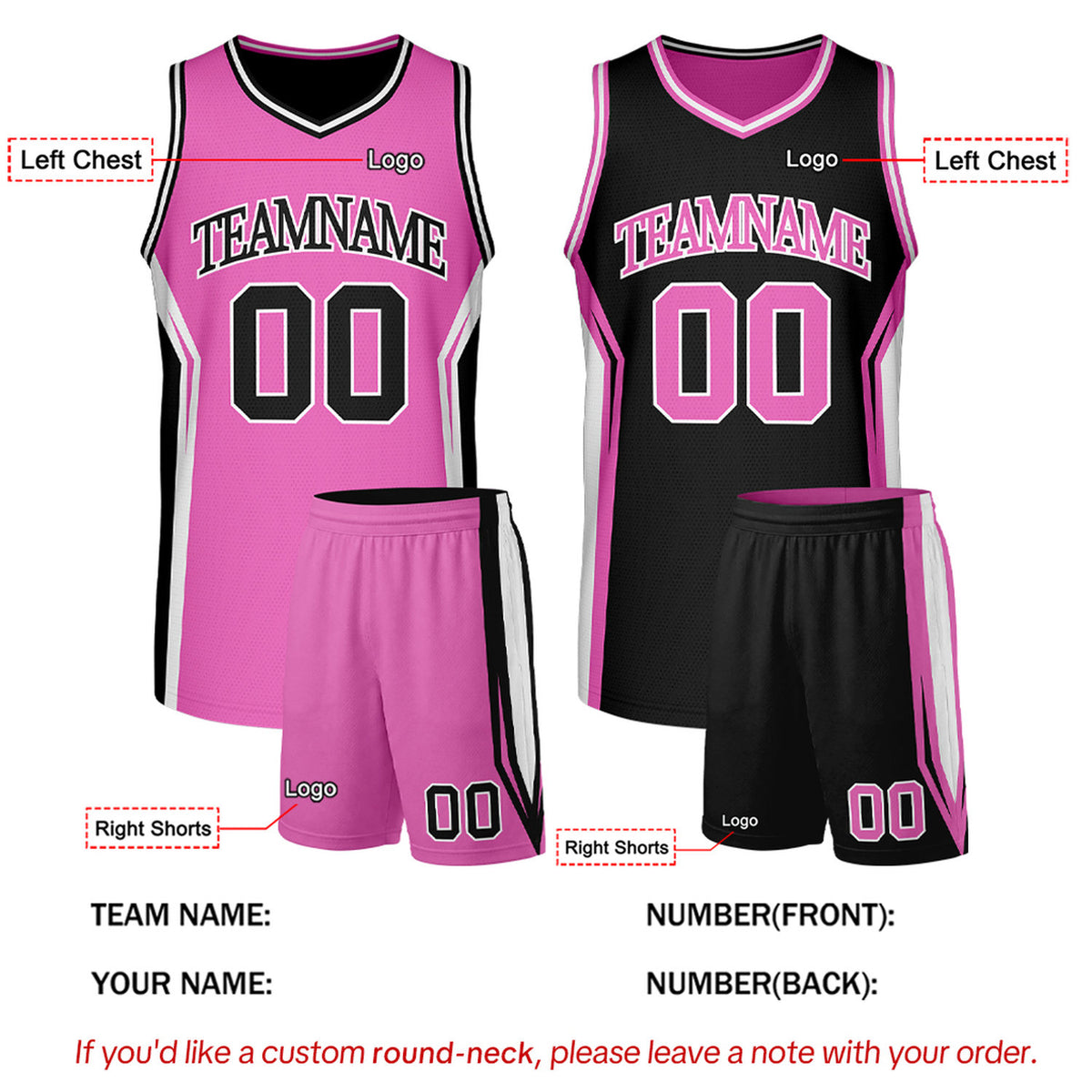 Custom Hot Pink & Black Two Sided Basketball Uniform Set | Personalized Team Uniforms for Adult & Youth