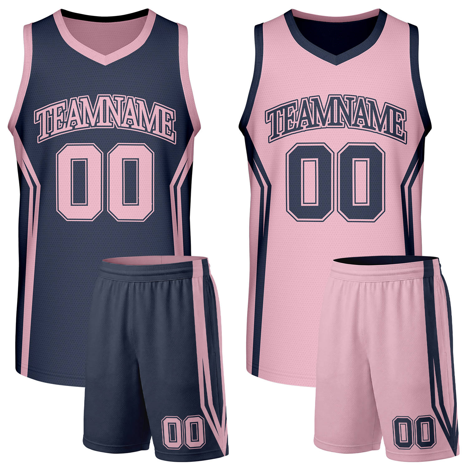 Custom navy and light pink girls basketball jerseys set, reversible jersey and shorts set with personalized name & number, breathable mesh for adult & youth.