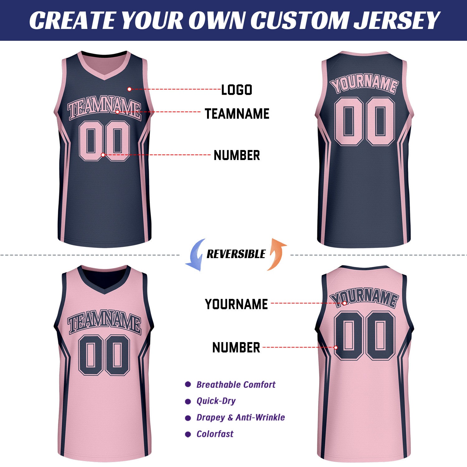 Custom Navy & Light Pink Two Sided Basketball Uniform Set | Personalized Team Uniforms for Adult & Youth