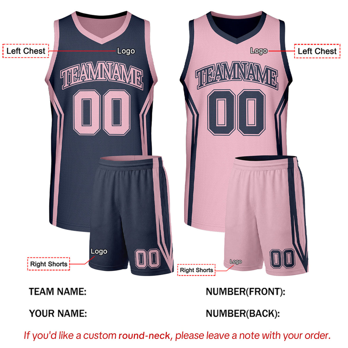 Custom Navy & Light Pink Two Sided Basketball Uniform Set | Personalized Team Uniforms for Adult & Youth