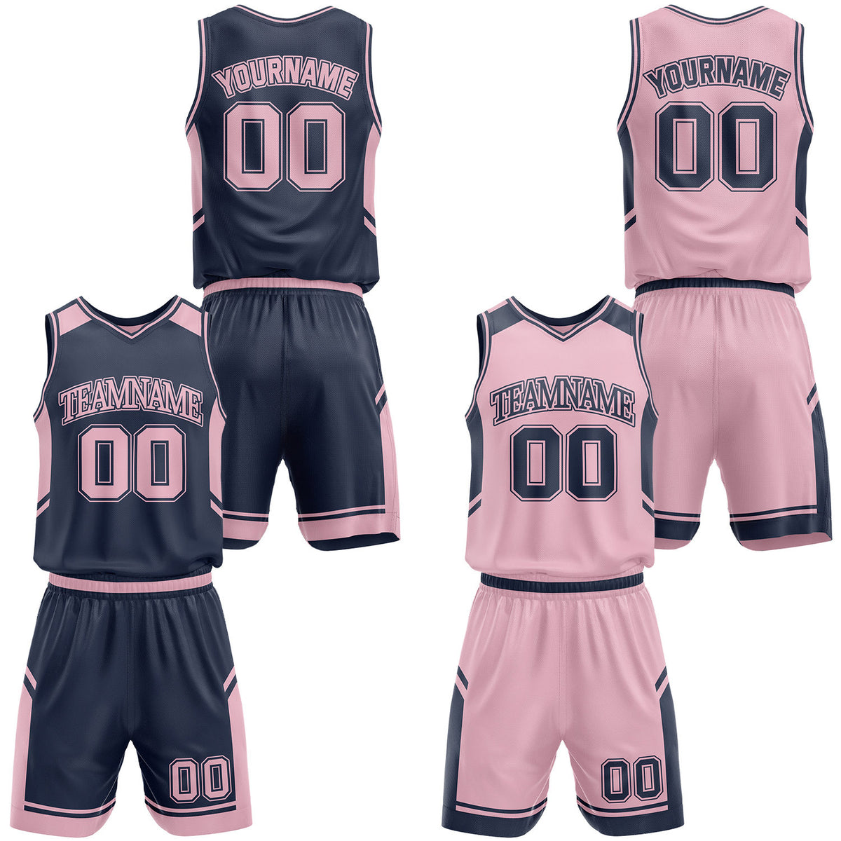 Custom girls navy and pink reversible basketball jerseys and shorts set, personalized team name, player number and logo, breathable moisture wicking mesh for youth &amp; teen girls.