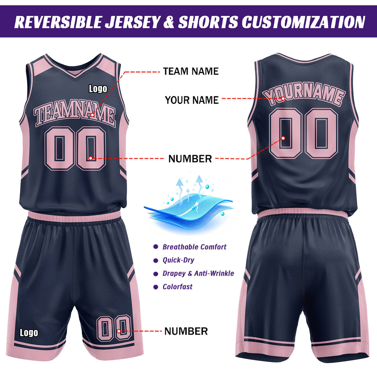 Custom Reversible Basketball Uniform Set | Navy & Pink V-Neck Sleeveless Jersey & Athletic Shorts