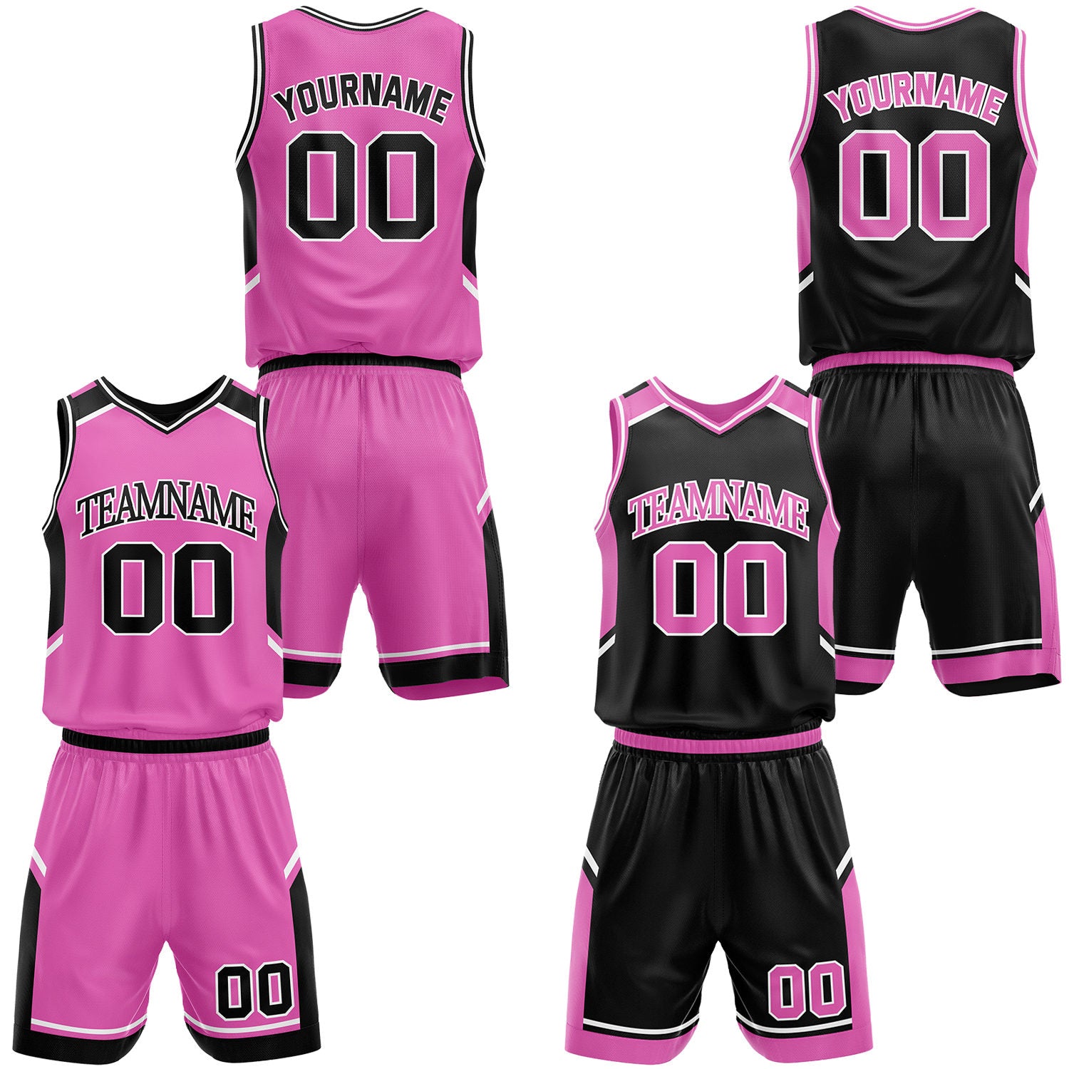 Custom girls pink and black reversible basketball jerseys and shorts set, personalized team name, player number and logo, breathable moisture wicking mesh for youth & teen girls.