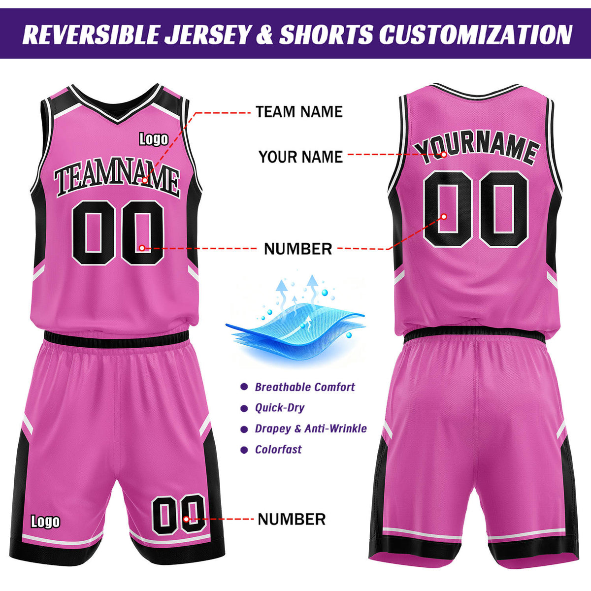 Custom Reversible Basketball Uniform Set | Pink & Black V-Neck Sleeveless Jersey & Athletic Shorts