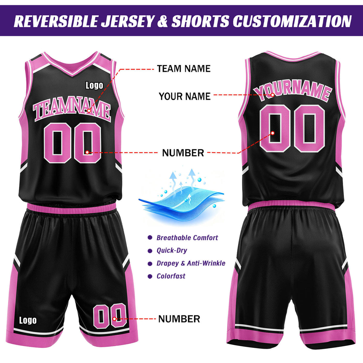 Custom Reversible Basketball Uniform Set | Pink & Black V-Neck Sleeveless Jersey & Athletic Shorts