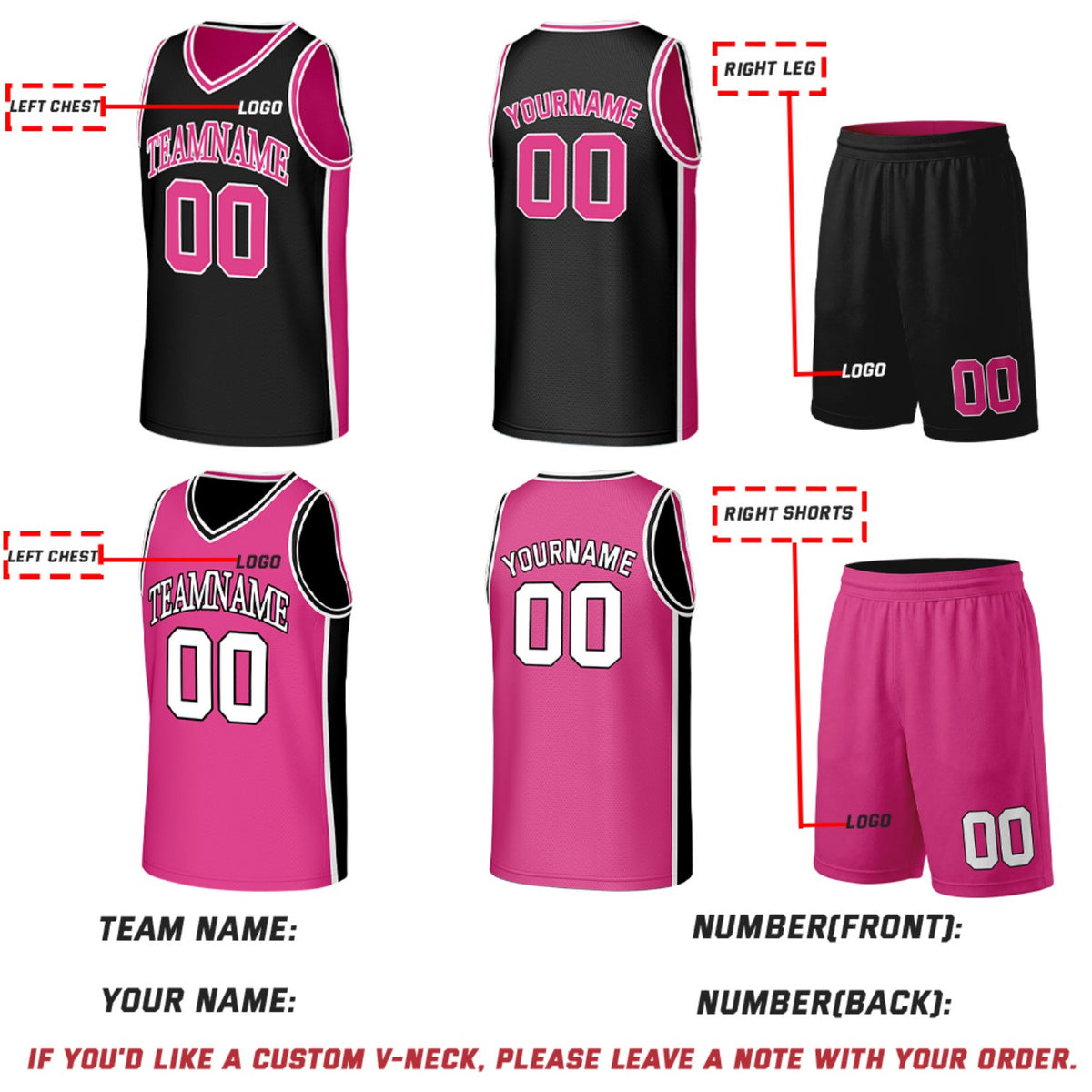 Custom Black & Hot Pink Double Sided Basketball Uniform Set | Personalized Team Uniforms for Adult & Youth