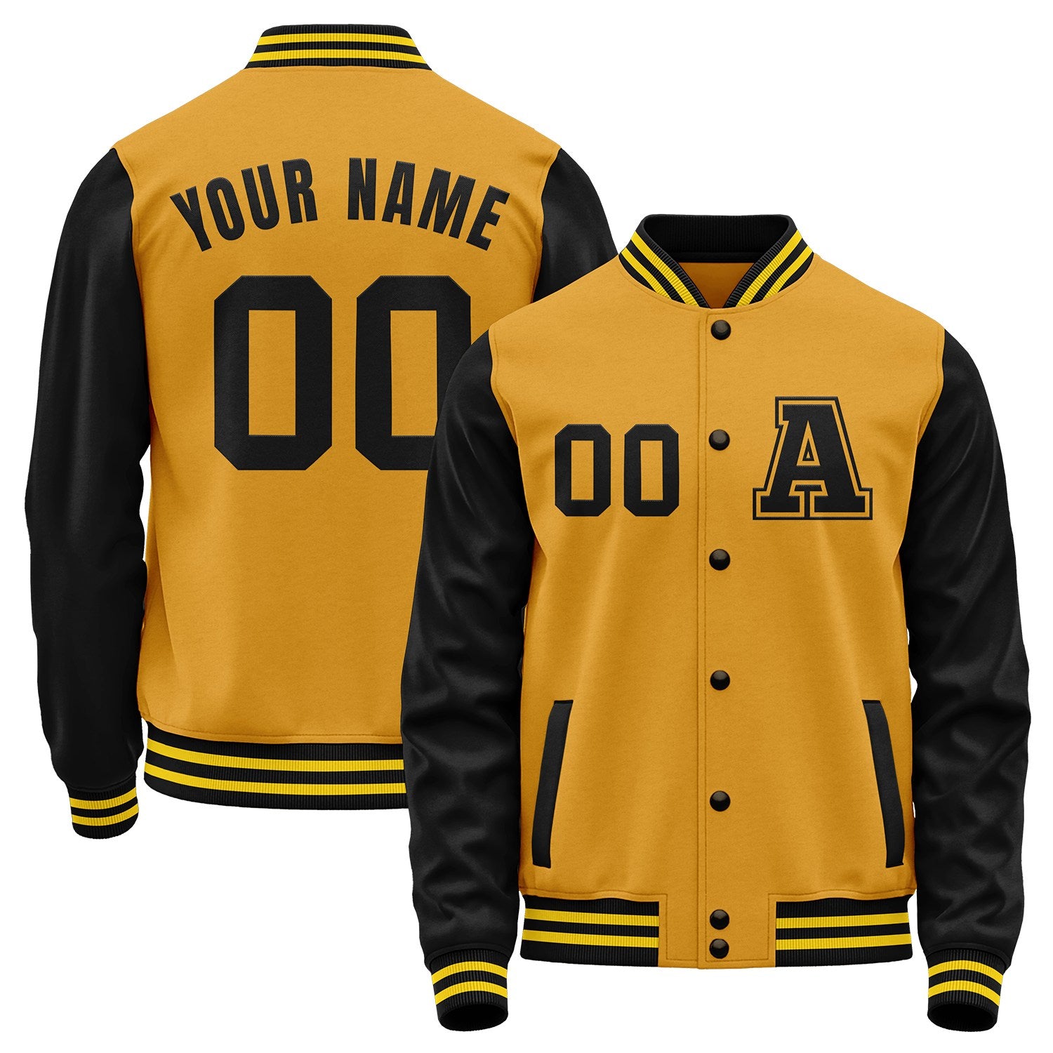 Custom gold and black college baseball team jackets by Vosoli with stitched name, number and logo. Classic varsity jacket for baseball and casual wear.