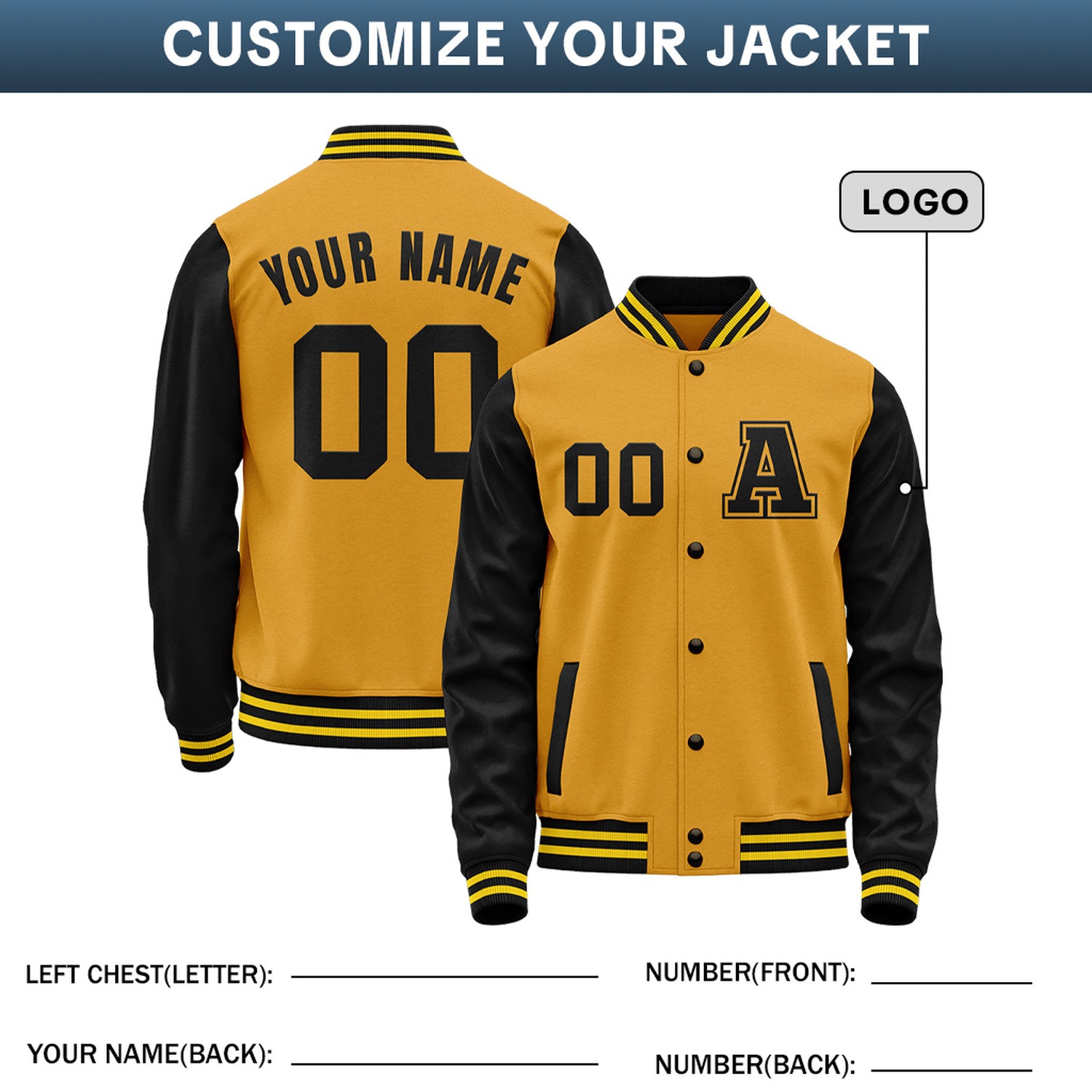 Custom Varsity Jacket with Stitched Name & Number | Gold & Black Personalized Team Letterman Bomber