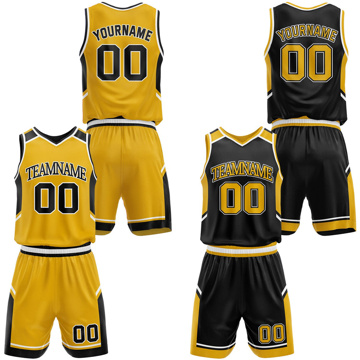 Custom gold and black basketball jersey set, personalized name, number and logo, breathable mesh for youth & adult.
