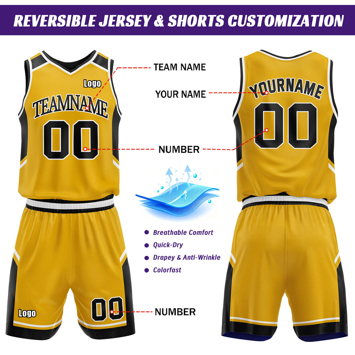Custom Reversible Basketball Uniform Set | Gold & Black V-Neck Sleeveless Jersey & Athletic Shorts