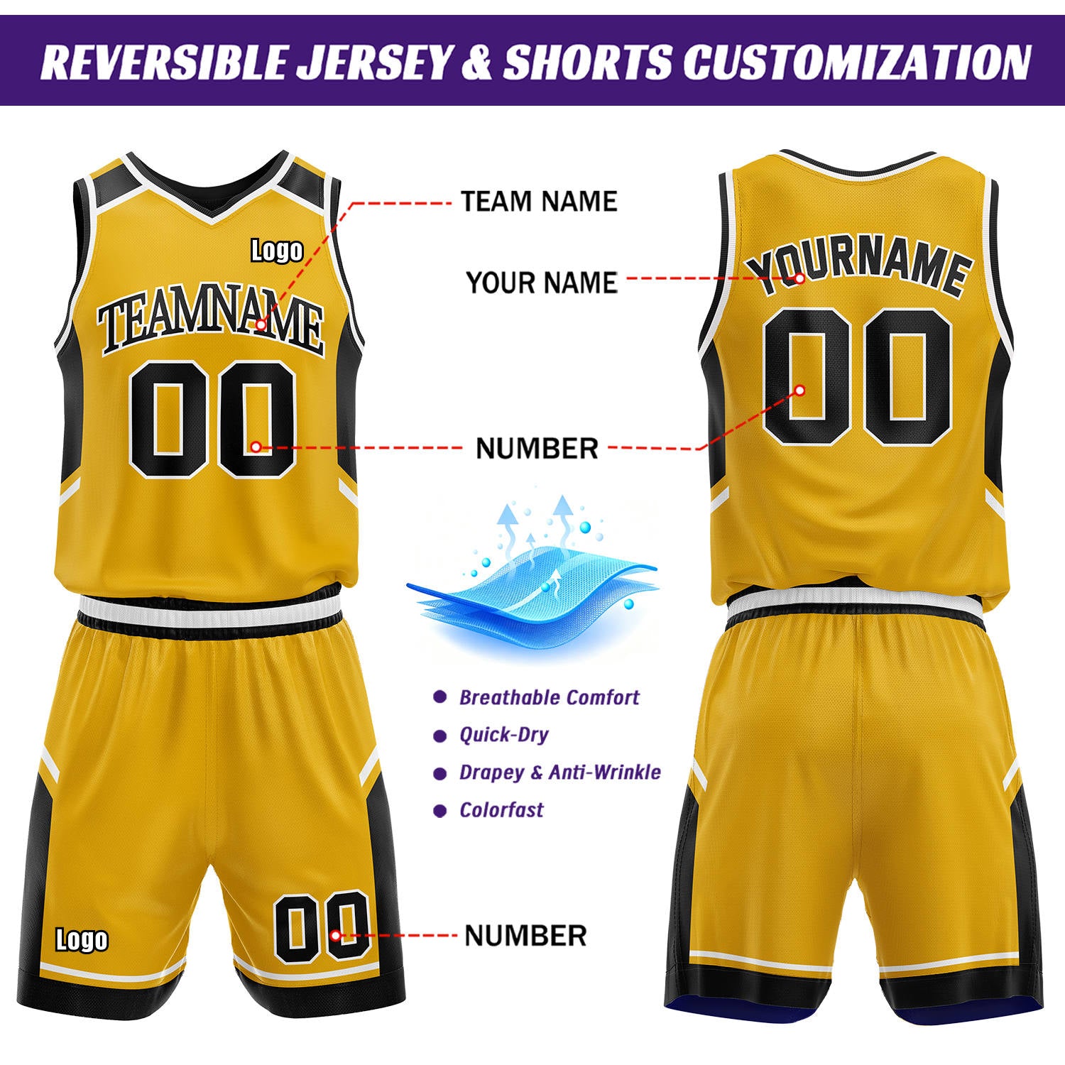 Custom Reversible Basketball Uniform Set | Gold & Black V-Neck Sleeveless Jersey & Athletic Shorts