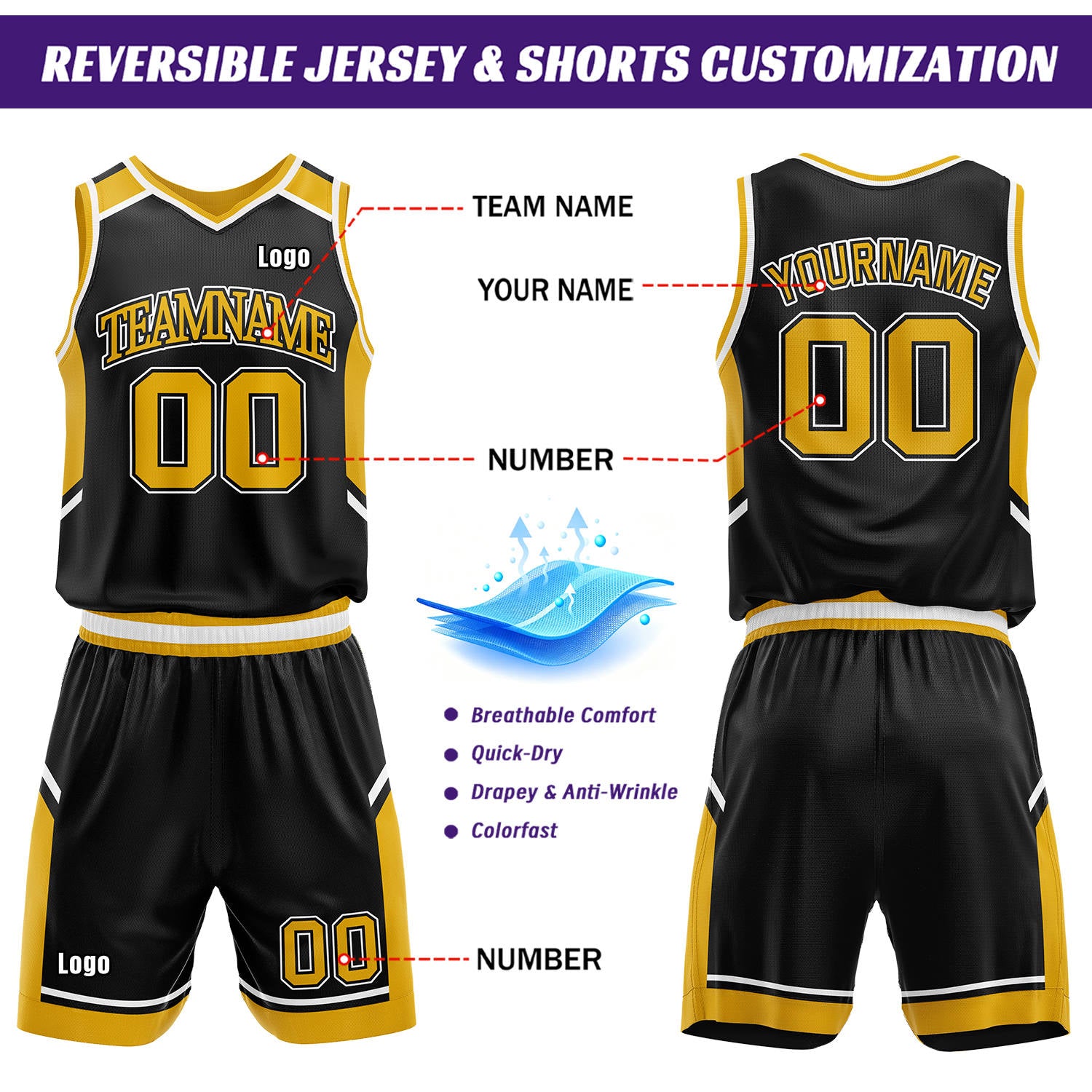 Custom Reversible Basketball Uniform Set | Gold & Black V-Neck Sleeveless Jersey & Athletic Shorts