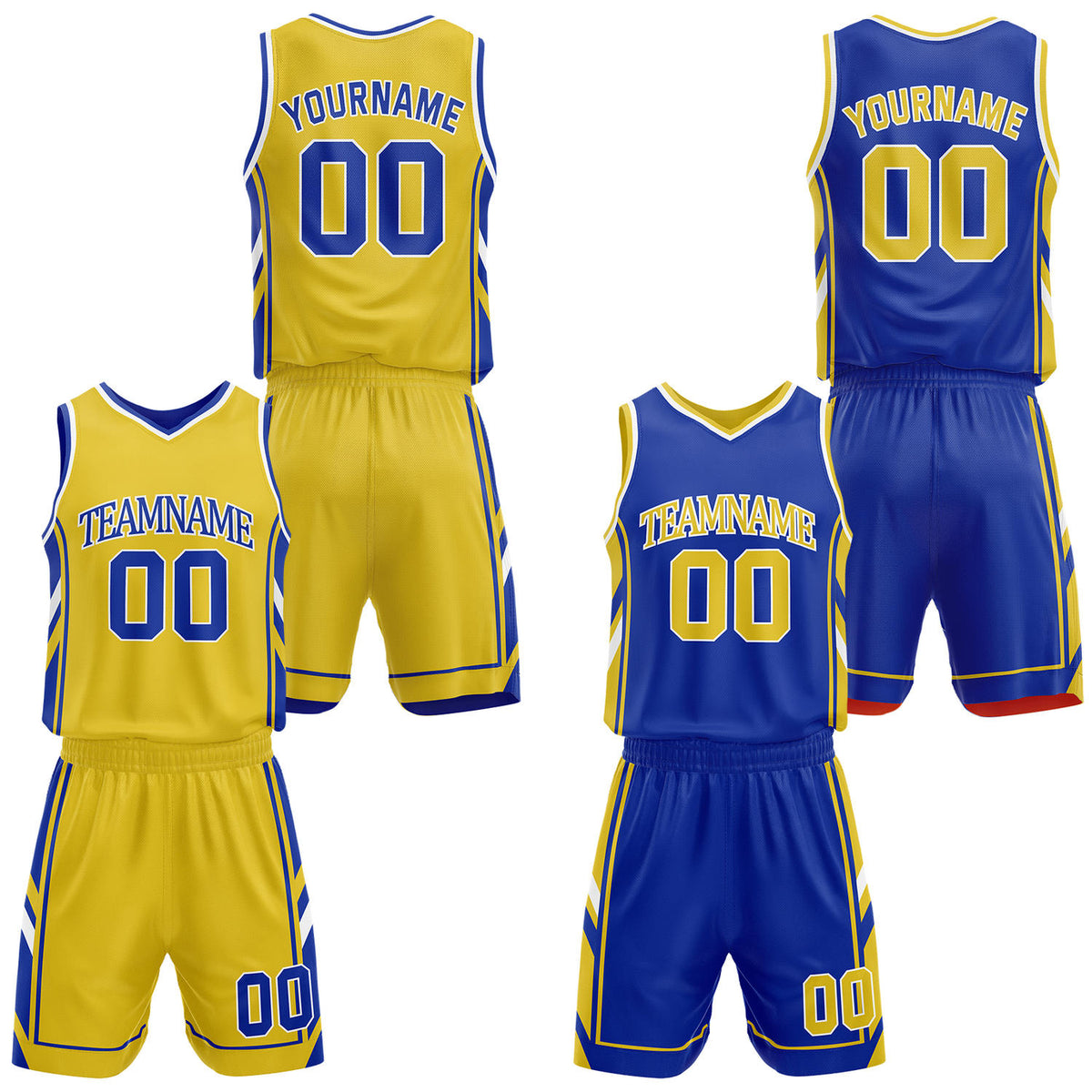 Custom gold and blue reversible basketball uniform by Vosoli. Personalized with team name, number, and logo. Breathable mesh jersey and shorts for high school, college, and AAU teams.
