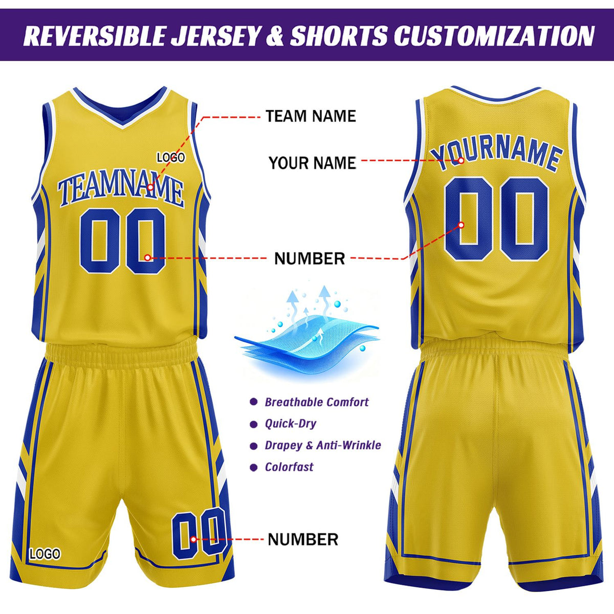 Custom Gold & Blue Reversible Basketball Uniform Set | Personalized Name Number Sports Jersey Shorts Kit