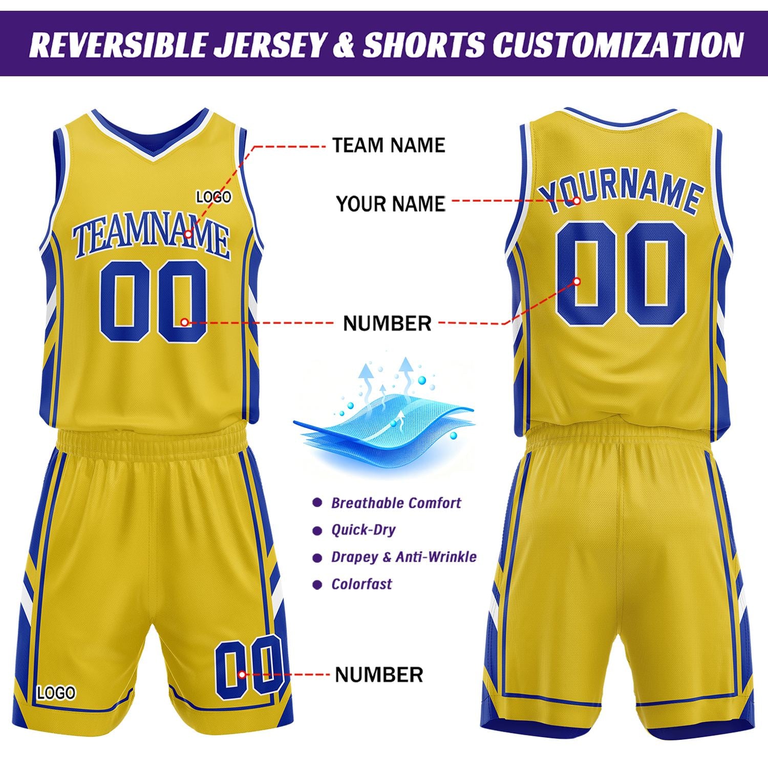 Custom Gold & Blue Reversible Basketball Uniform Set | Personalized Name Number Sports Jersey Shorts Kit