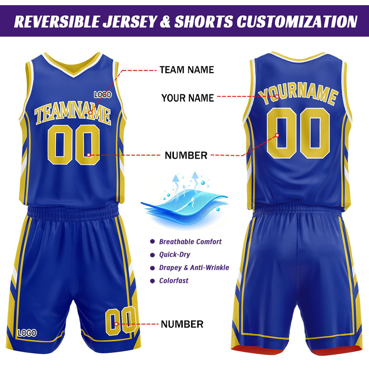Custom Gold & Blue Reversible Basketball Uniform Set | Personalized Name Number Sports Jersey Shorts Kit