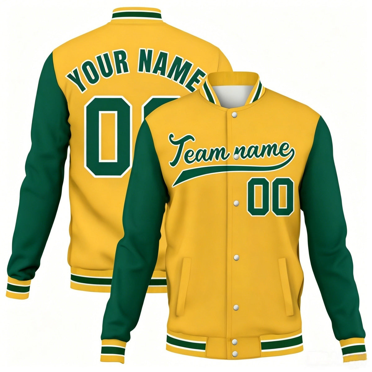 Custom gold-forest green contrast sleeve stitched varsity baseball jacket by Vosoli | Personalized team name &amp; number jacket for youth &amp; adults