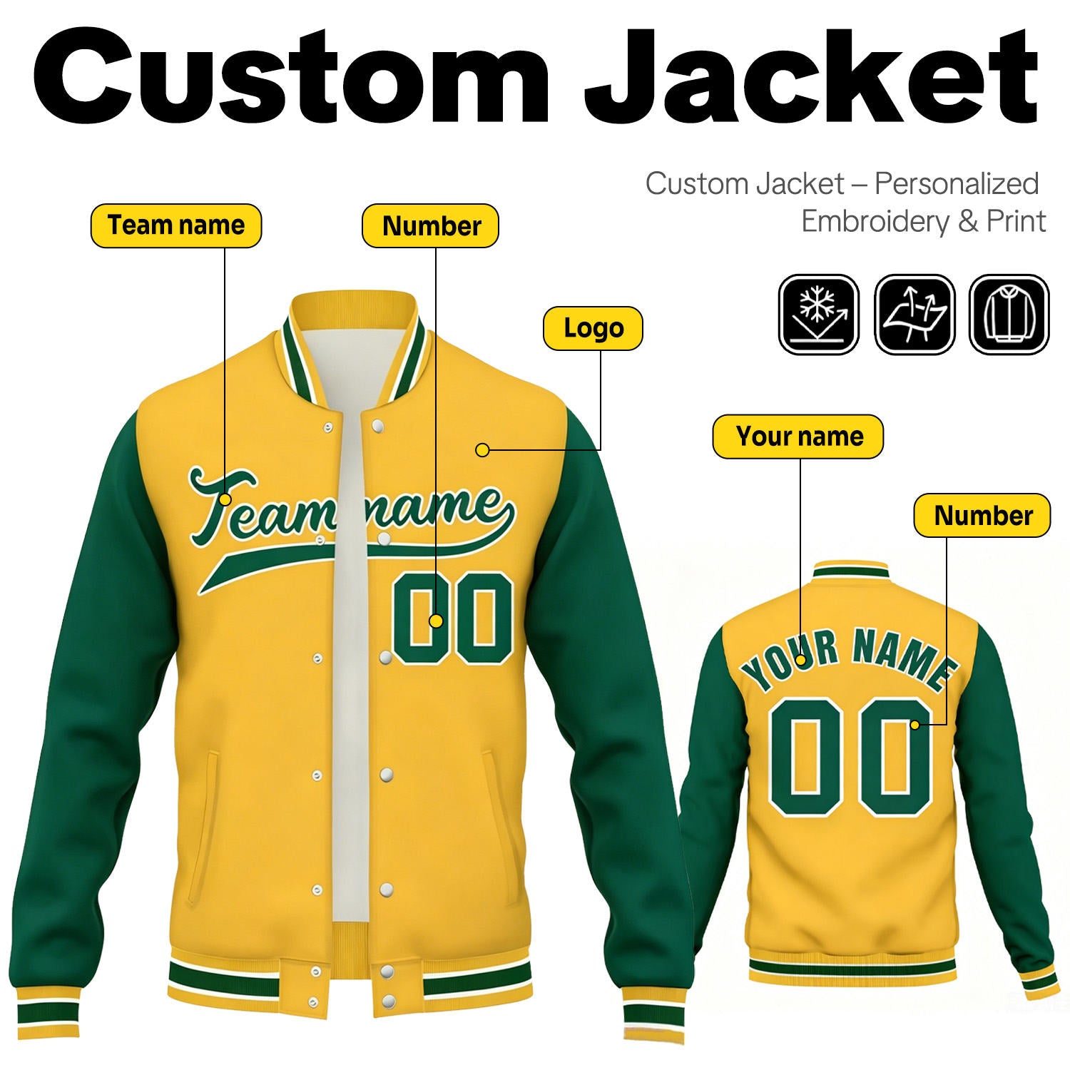 Custom Gold & Forest Green Contrast Sleeve Varsity Baseball Jacket | Personalized Team Name & Number