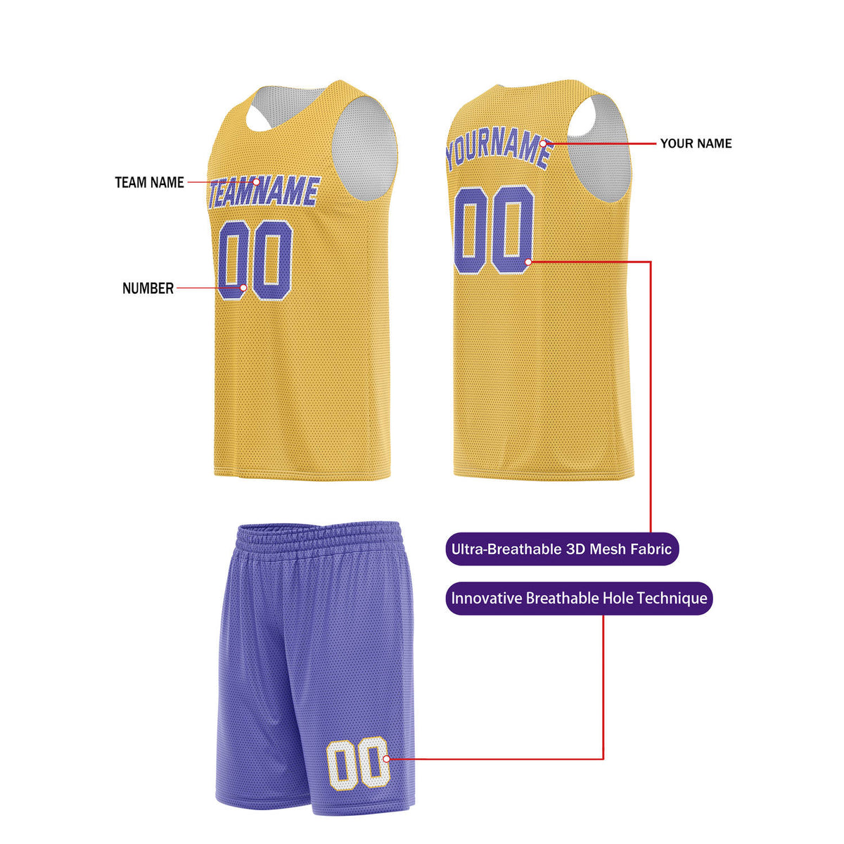 Custom Gold & Purple Basketball Jersey + Shorts Set - Personalized Team Name, Number | Vosoli