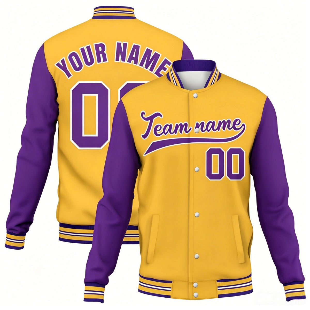 Custom gold-purple contrast sleeve stitched varsity baseball jacket by Vosoli | Personalized team name &amp; number jacket for youth &amp; adults