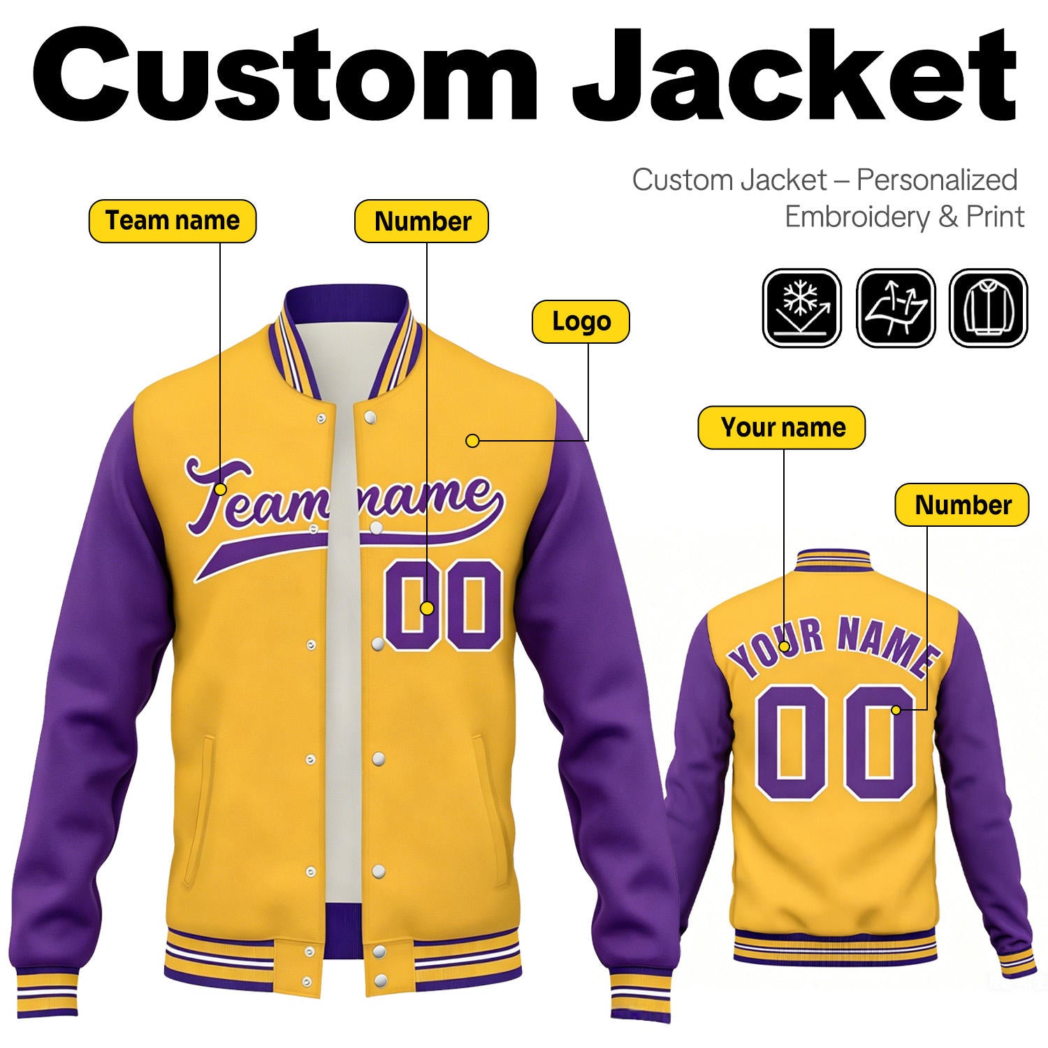 Custom Gold & Purple Contrast Sleeve Varsity Baseball Jacket | Personalized Team Name & Number
