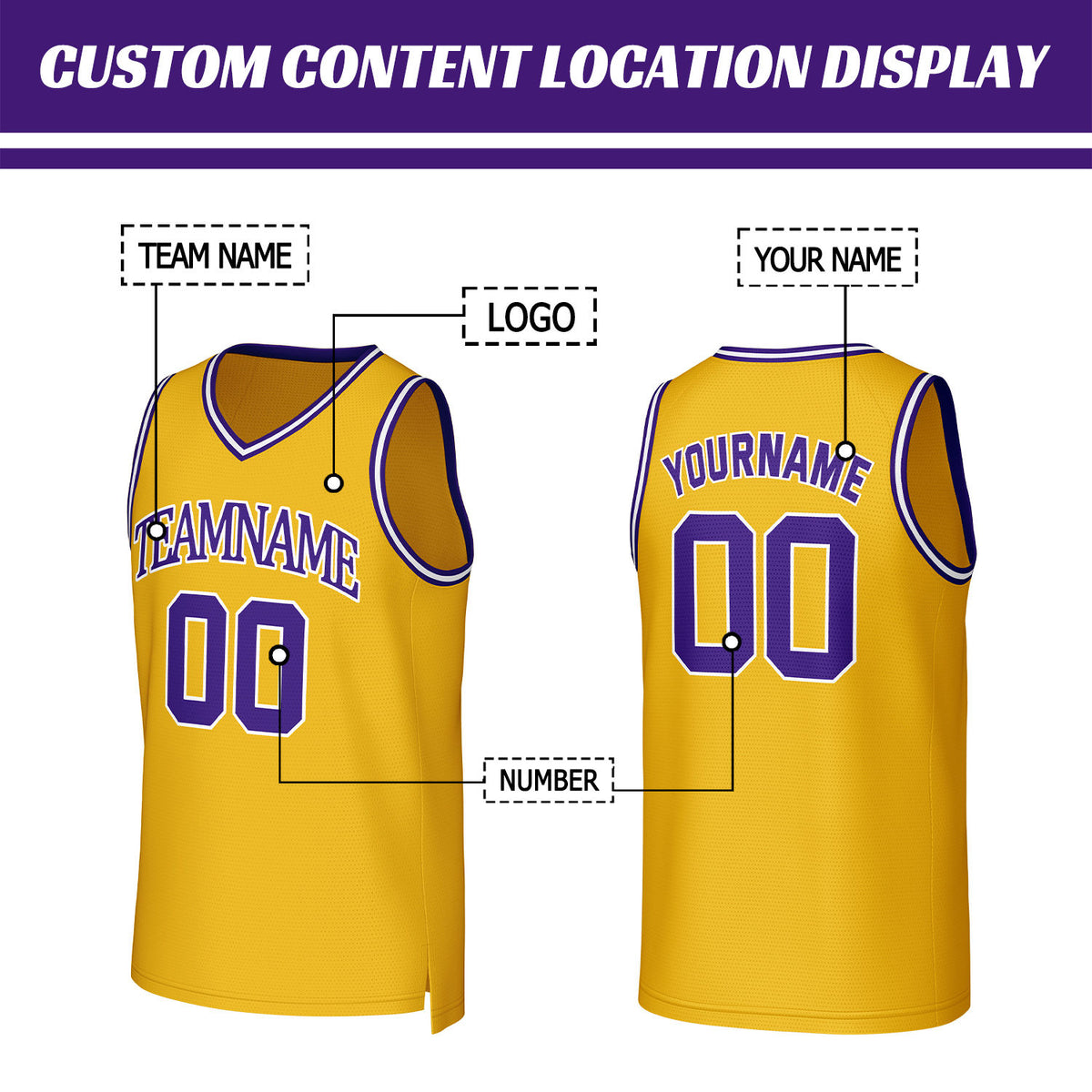 Custom Gold & Purple Mesh Basketball Jersey | Personalized Name & Number Team Uniform