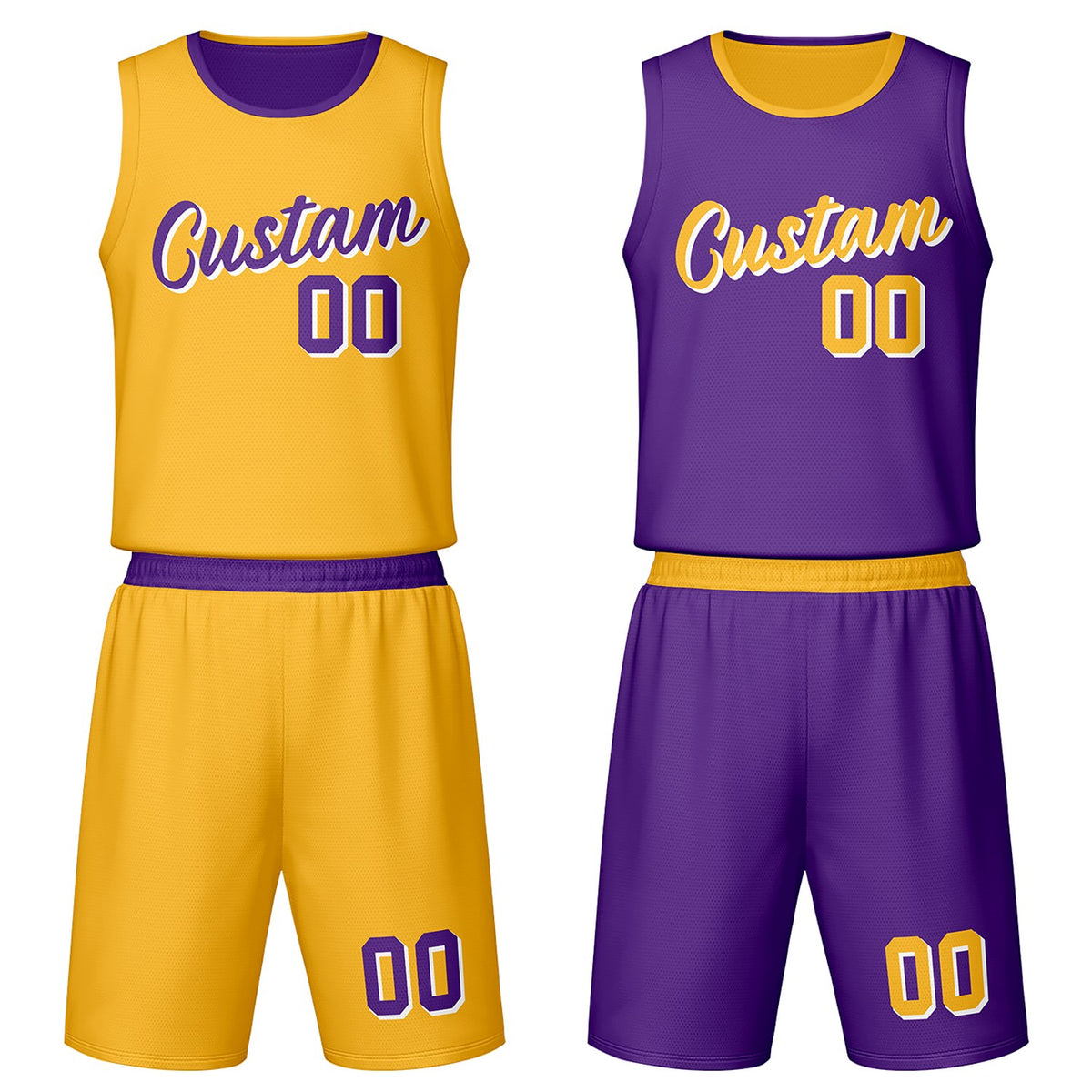 Custom gold &amp; purple reversible basketball jersey set with shorts by Vosoli | Personalized team name, number &amp; logo | Breathable mesh sport jersey uniform