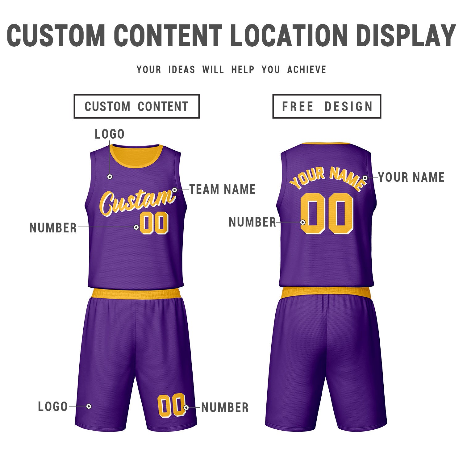 Custom Gold Purple Reversible Basketball Jersey Set | Personalized Name Number Mesh Sports Uniform