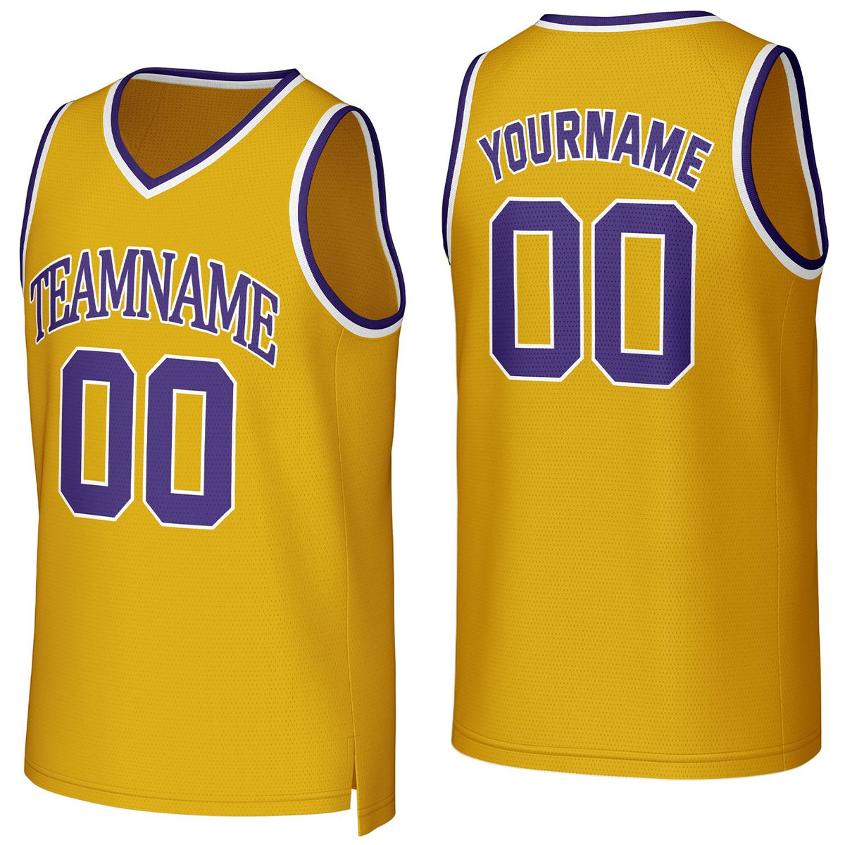 Custom gold &amp; purple basketball jersey by Vosoli | Personalized stitched team name, number &amp; logo | Breathable mesh sport jersey