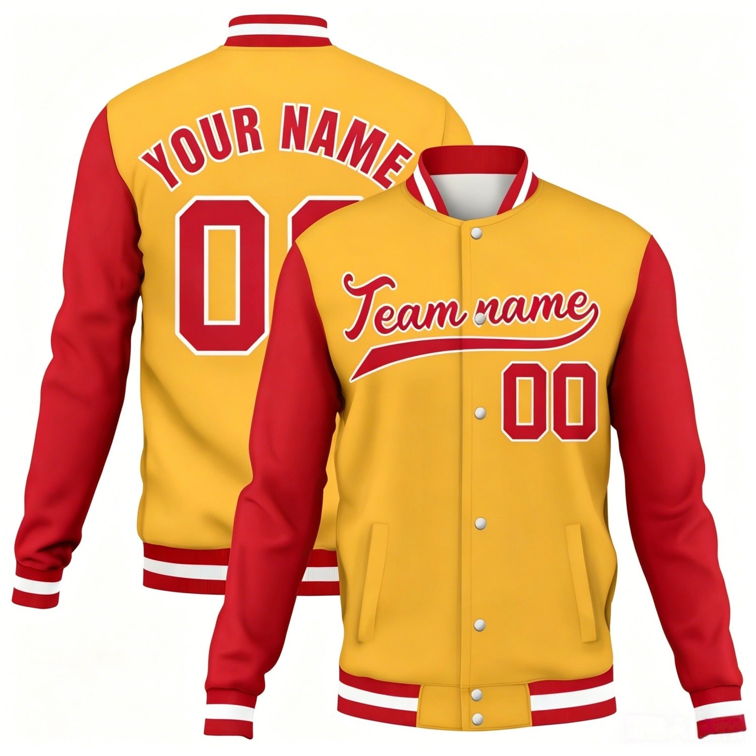 Custom gold-red contrast sleeve stitched varsity baseball jacket by Vosoli | Personalized team name & number jacket for youth & adults